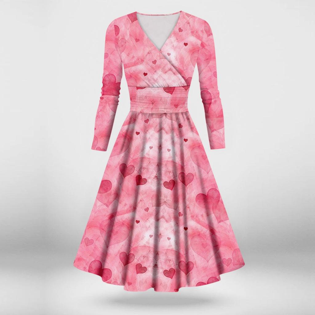 Женская мода повседневное сексуальное платье с длинным рукавом и v-образным вырезом с принтом ко Дню святого Валентина