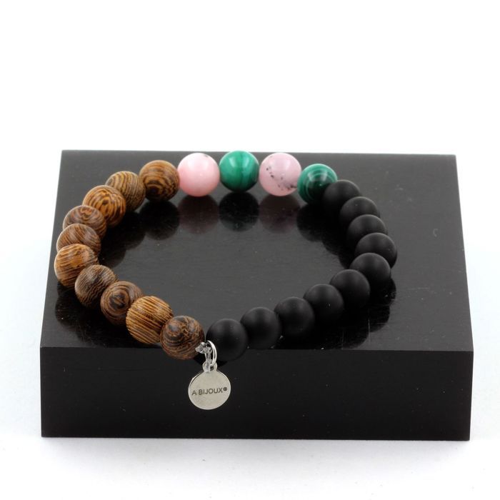 Stones and Minerals. Congo Malachite Pearl Bracelet + Pink Opal + Matte Black Onyx + Wood Made In France.