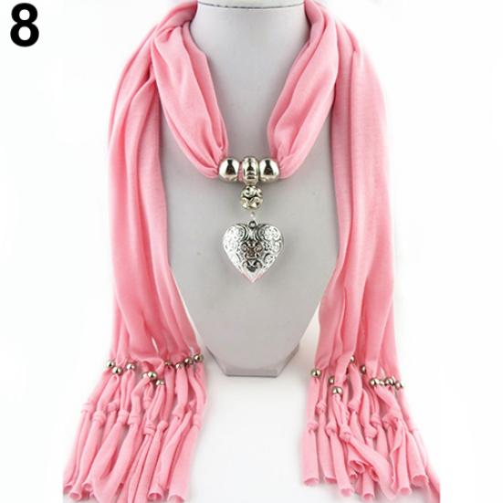 Women Fashion Soft Bead Tassels Scarf with Love Heart Charm Pendant Accessory