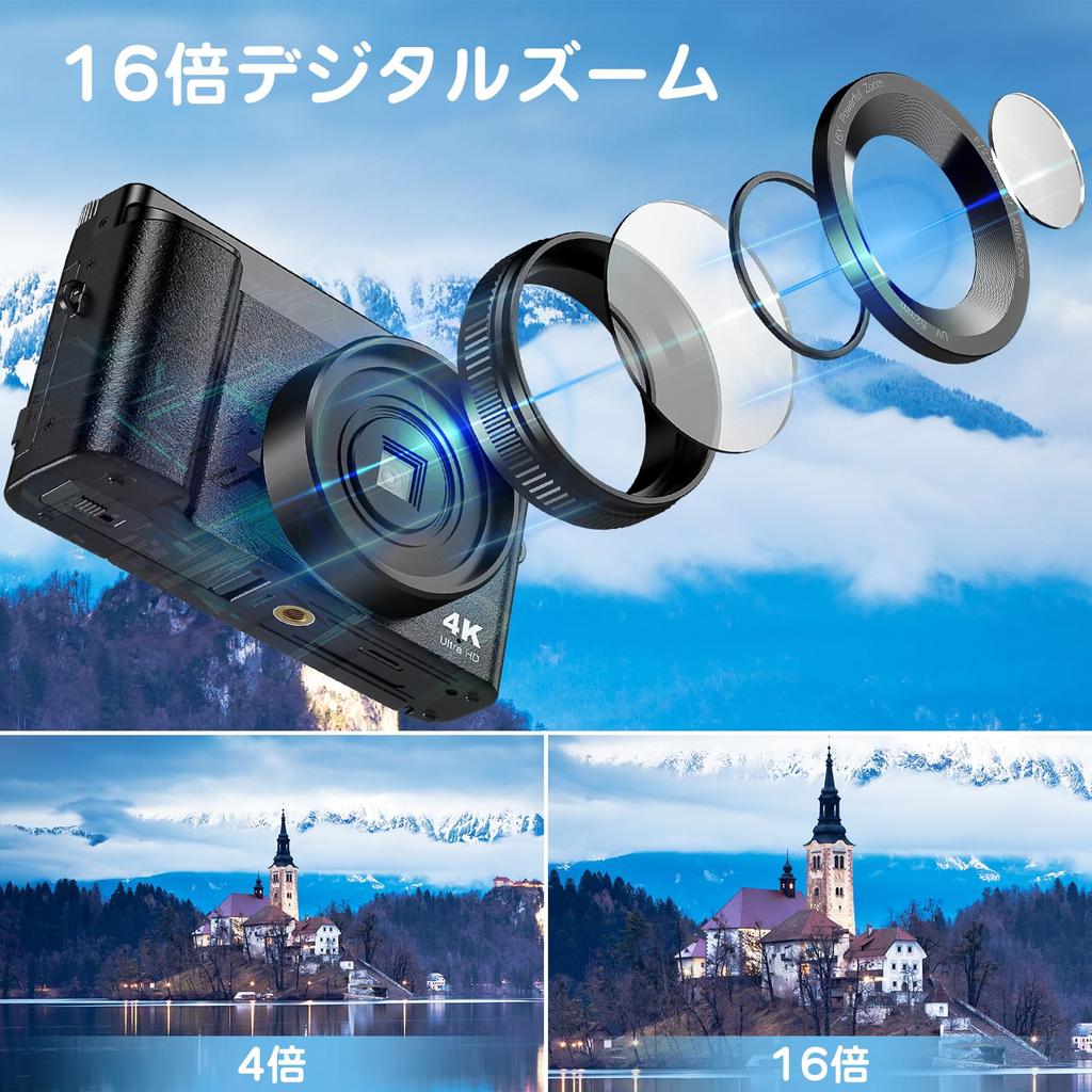 Zostuic Цифровая камера 4K 48-мегапиксельная цифровая камера Поворотный экран на 180 градусов Удобное селфи 16-кратный цифровой зум Стабилизатор изображения Автофокус 3 дюйма