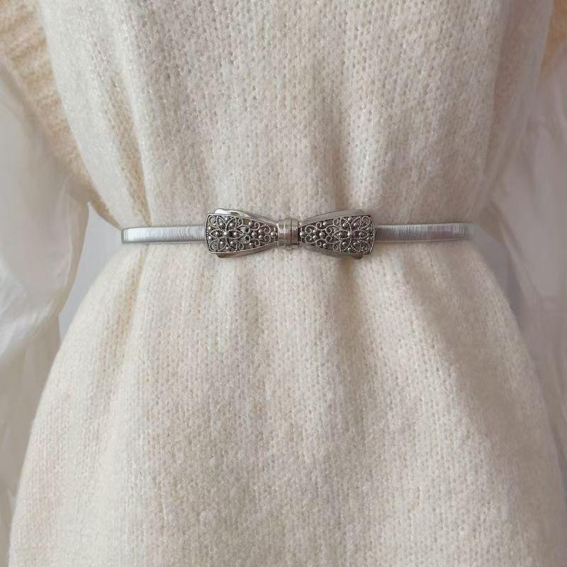 Fashion Metal Hollow Out Carved Bow Women Belts Elastic Skinny Thin Dress Belt Women Ladies Gold Sliver Decor Waist Chain Straps