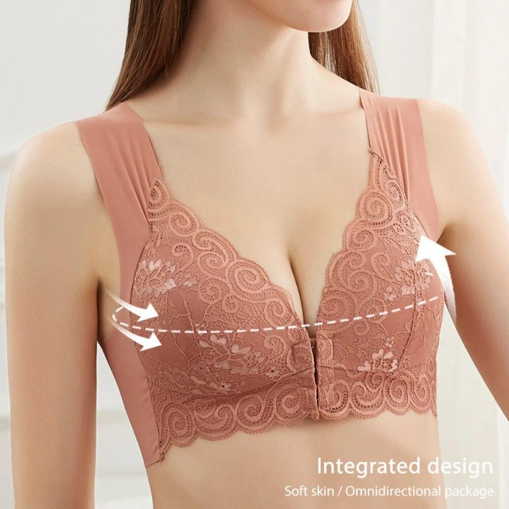 Женский кружевной бюстгальтер без косточек с подкладкой, беспроводной бюстгальтер, кружевной бюстгальтер с цветочным принтом, застежка спереди, гладкий демисезонный бюстгальтер, кружевные бюстгальтеры, тонкий мягкий бюстгальтер пуш-ап