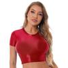 Womens Smooth Short Sleeve Crop Top Solid Color Round Neck Slim Fit T-shirt Sportswear Swimwear