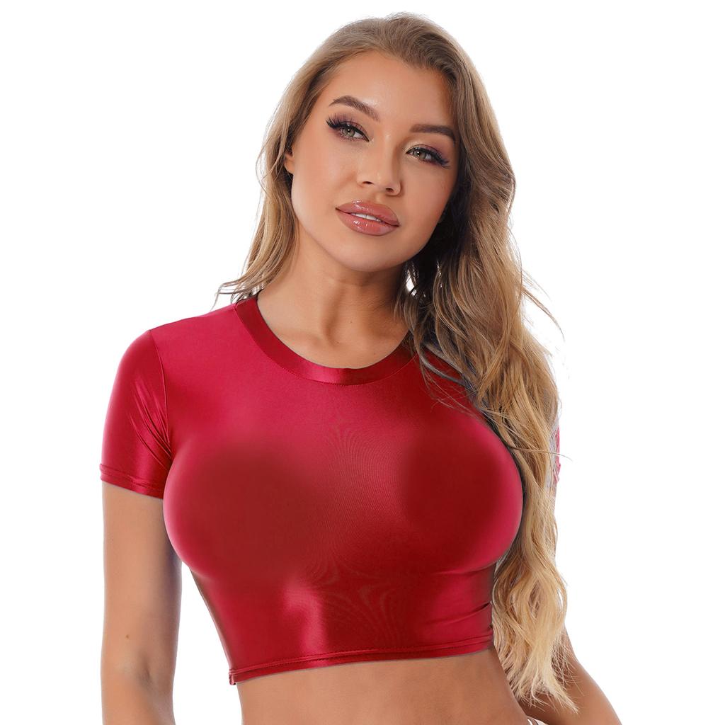 Womens Smooth Short Sleeve Crop Top Solid Color Round Neck Slim Fit T-shirt Sportswear Swimwear