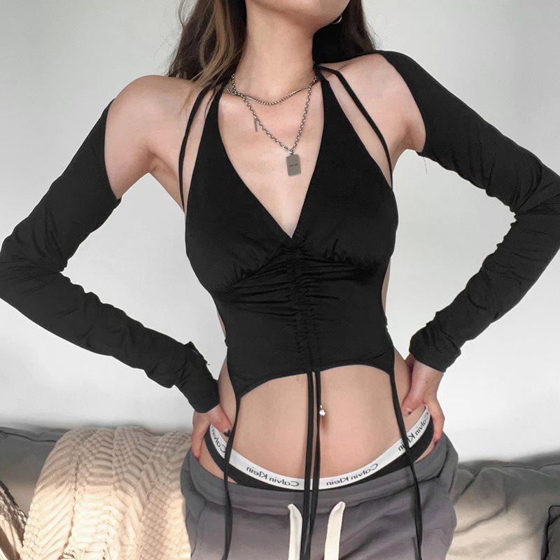 Женская футболка на шнуровке с длинным рукавом и открытой спиной Y2k, сексуальный укороченный топ, модные уличные рубашки с лямкой на шее, тонкая женская блузка 26239