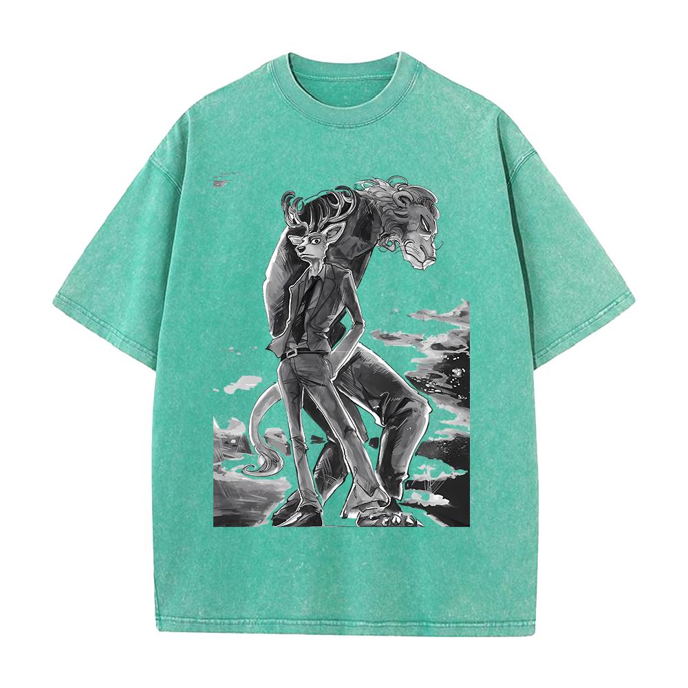 Anime BEASTARS Rouis Ibuki Graphic T Shirt Men Short Sleeve Clothing Casual Cotton Tshirt Vintage Washed Tshirt Harajuku Tops