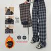 Women's Winter 2025 Fleece-Lined Plaid Wide-Leg Pants - Relaxed Fit, Tall Elastic Waist, Vintage Style