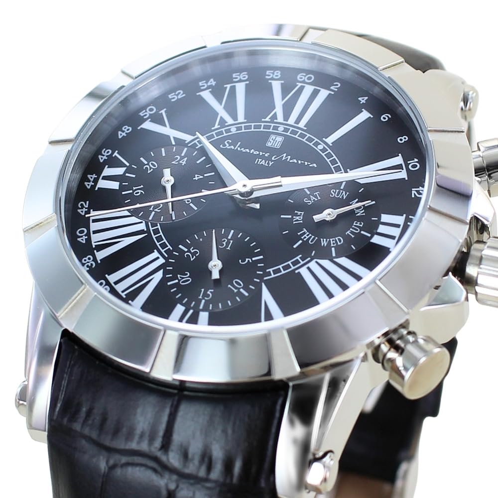 Salvatore Marra quartz watch with leather includes shopping bag Black x men's strap, (No. 4 Black)