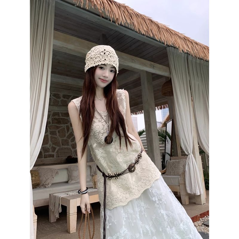 Kumikumi Retro Set Heavy Industry Crochet Vest Tops Women Autumn Lace Skirt A- Line Skirt Two-piece Set