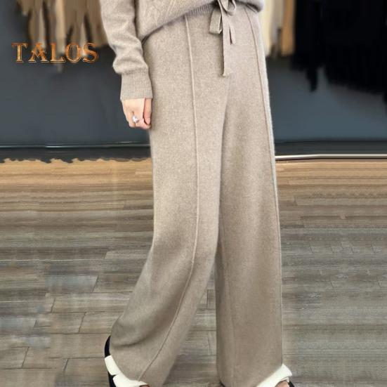 Повседневные шерстяные брюки, однотонные, прямые, широкие, трикотажные брюки с завязками на талии, утолщенные брюки