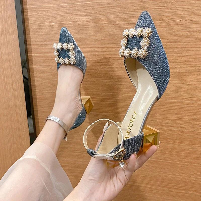Fashion New High Heels Pearl Shoes Ladies Pointed Toe Ankle Buckle Strap Party Dress High Heels Women Solid Color Women Sandals