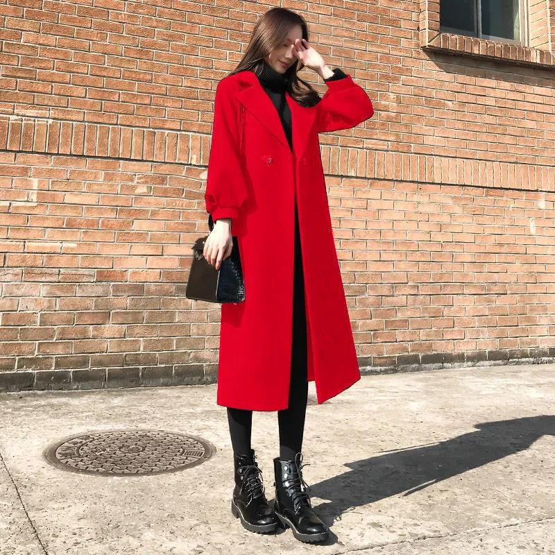 Women Wool Coat Solid Color V-neck Jacket Casual Slim Windbreaker Trend Temperament Top Over The Knee