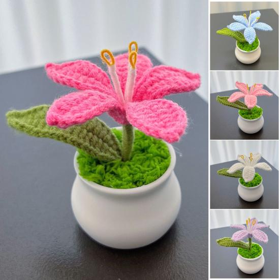 Вязаные комнатные растения Искусственный вязаный цветок лилии с горшком Ручной работы Цветочный подарок для мамы Учителя Женщин Друзей на День Рождения Юбилей