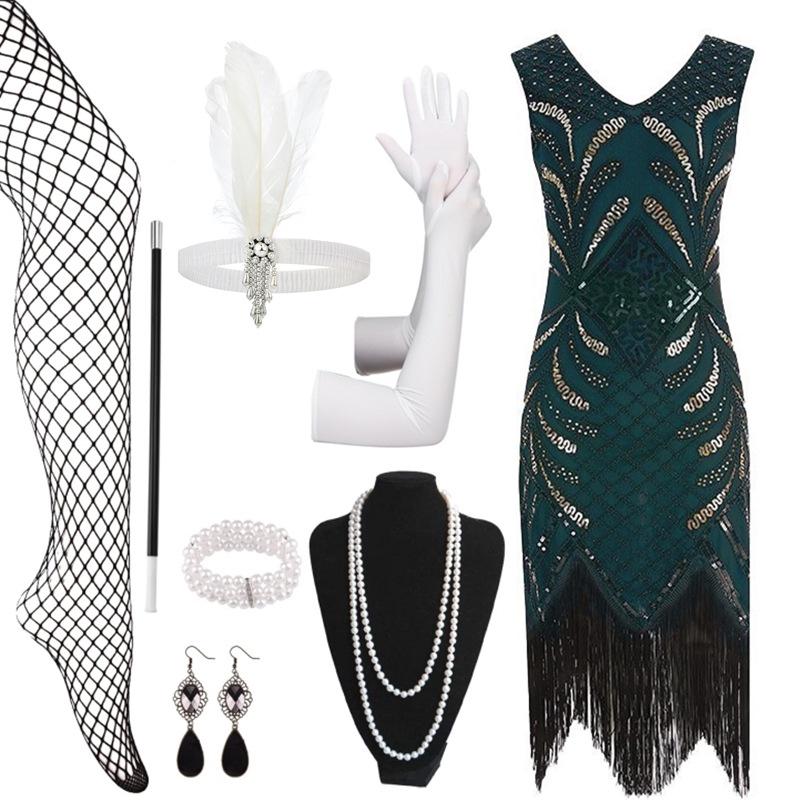 1920s Gatsby Vintage Sequin Beaded Dress with Tiara, Gloves & Necklace - 8 Piece Set