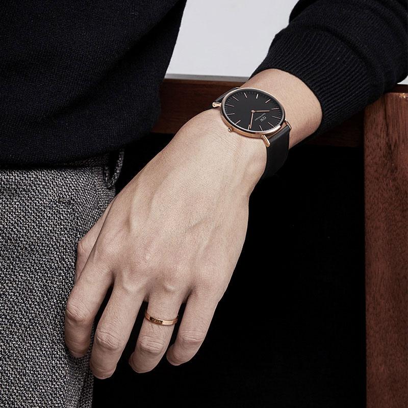DANIEL WELLINGTON Мужские часы Кварцевый механизм Кожаный ремешок 40 мм Черный циферблат Мужские часы Модные и универсальные Европейские и американские часы DW00100124