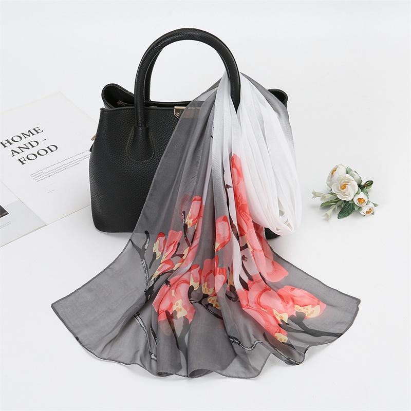 Scarves Natural Style Spring and Autumn Printed Flowers and Birds Rectangle Sun Protection Chiffon Scarf