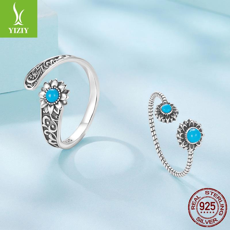 Vintage Sunflower Turquoise Open Ring, Couple'S Classical Engraved S925 Sterling Silver Ring