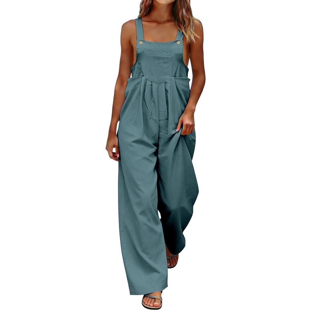 Women's Fashionable Color Sleeveless Casual Wide Leg Loose Jumpsuit With Pocket