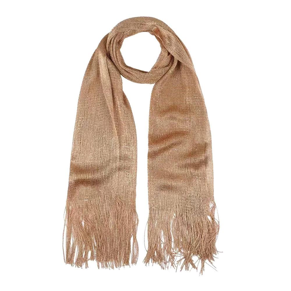 Солнцезащитный кружевной шарф с кисточками из шелка, манишка, защита шеи, яркая ажурная шаль, тонкий модный золотистый серебристый блестящий шарф