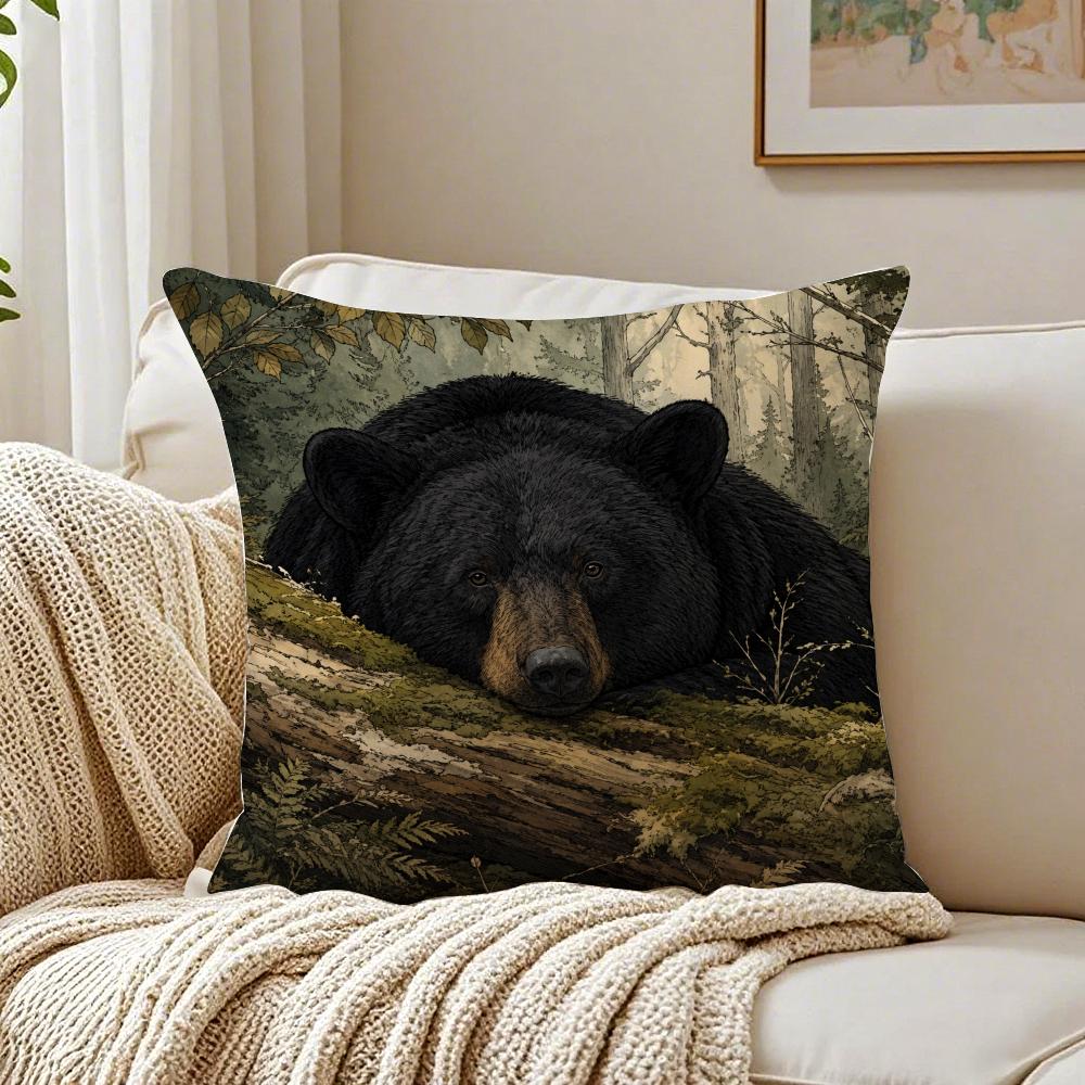 Vintage Black Bear Pillow Case Organic Short Plush Cushion Covers Breathable Washable WrinkleResistant