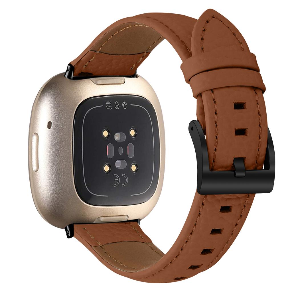 Litchi Textured Genuine Cow Leather Strap with Electroplated Buckle for Fitbit Versa 3/Sense Pointed-End Watch Band