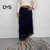 Women Midi Skirt Elastic High Waist Multi Layer Mesh Yarn Long Skirt Solid Color Slimming Style Versatile Skirt