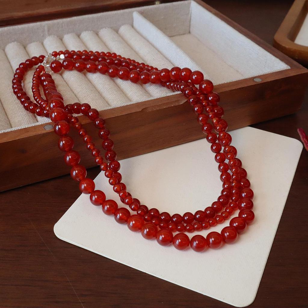 Natural Red Agate Beaded Necklace Women Vintage Round Carnelian Choker Necklaces Elegant Daily Wear Jewelry
