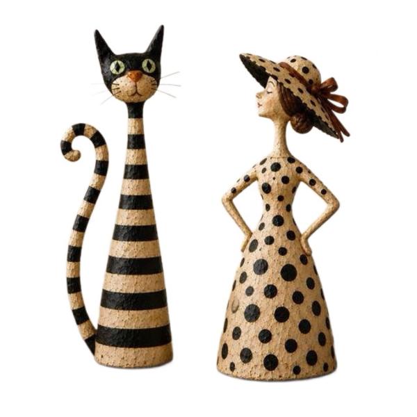 Vintage Cat and Lady Resin Figurines Set, Retro Striped Cat Polka Dot Lady Statue, Home Desktop Decor Ornament