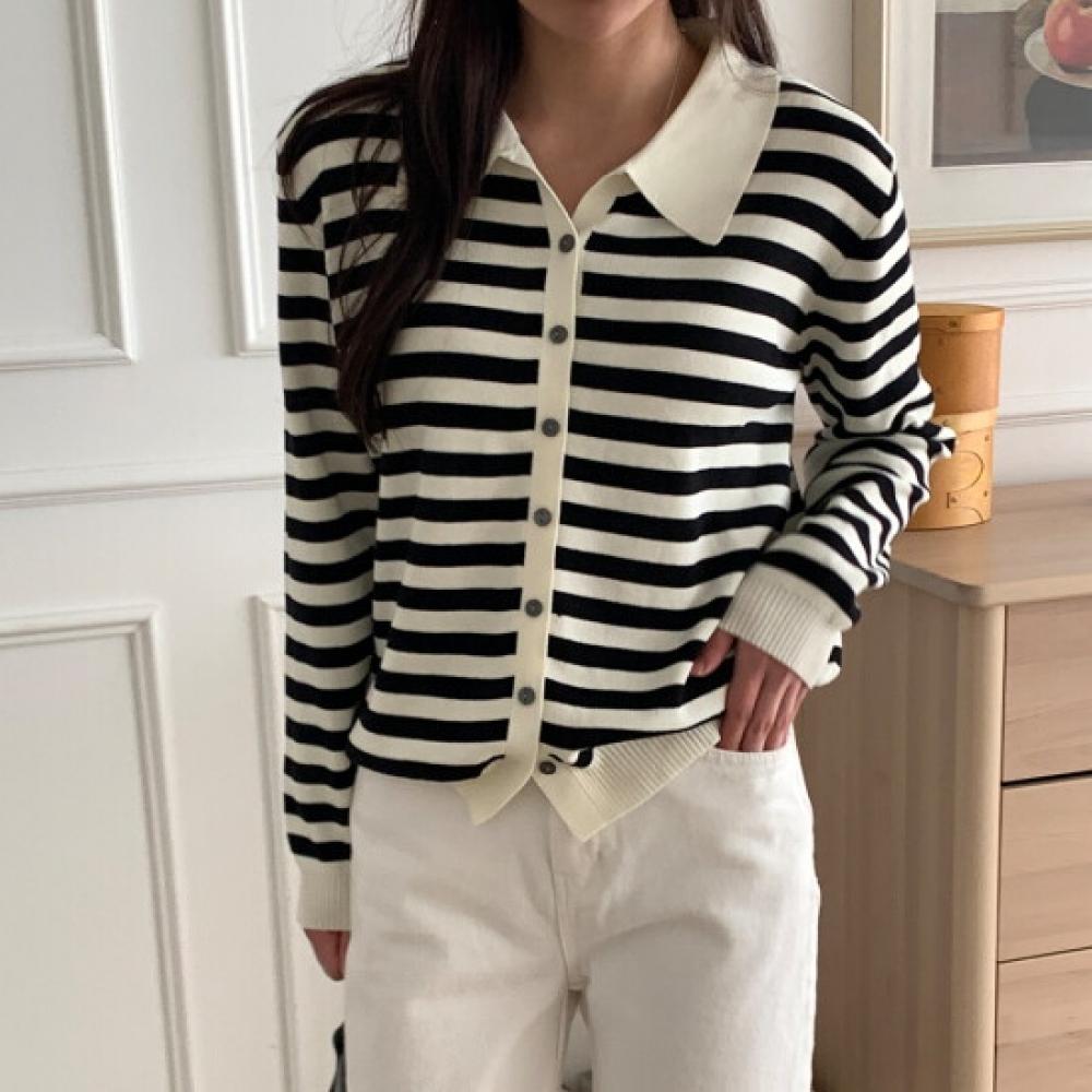 Shop Women S Daily Look Collared Striped Knit Cardigan Black 21dS Wcd260094
