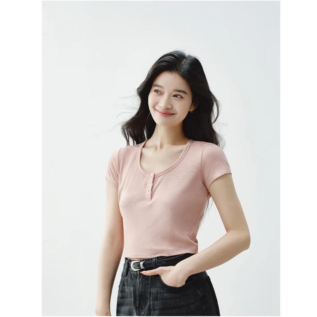 Women's Short Sleeve Henry Collar Ribbed T-Shirt Loose Fit Base Layer Summer 2026 Casual Wear