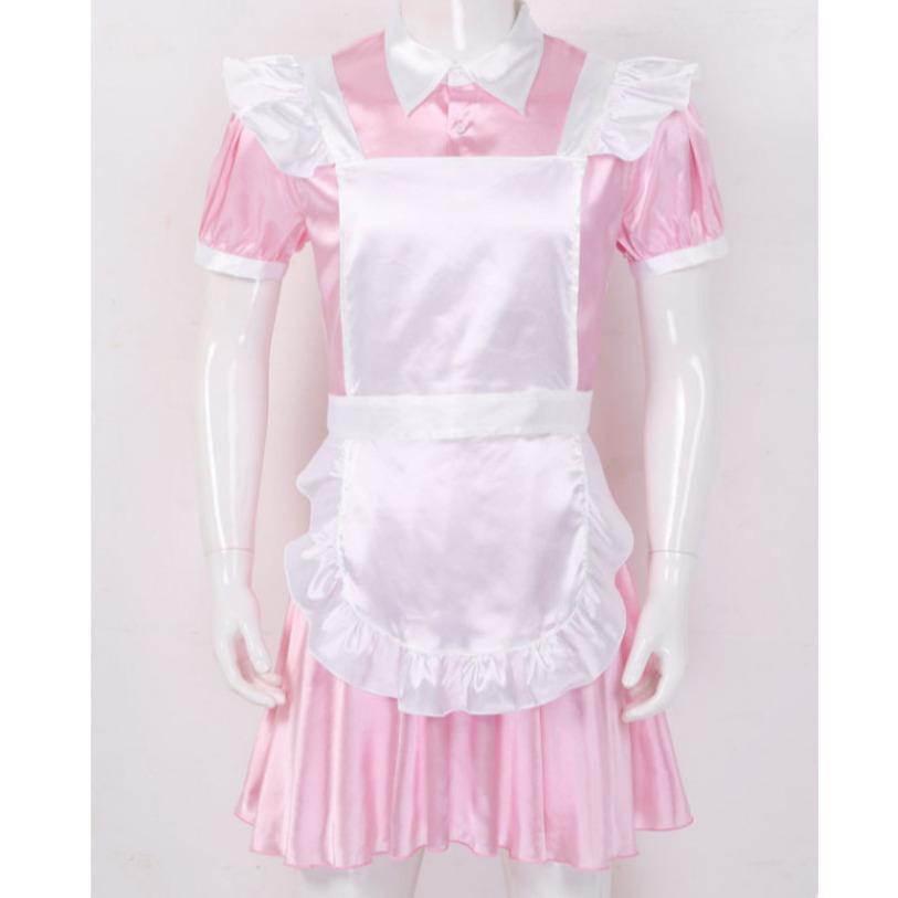 Men Sissy Maid Cosplay Outfit Puff Sleeve Front Button Down Dress with Apron and Headband