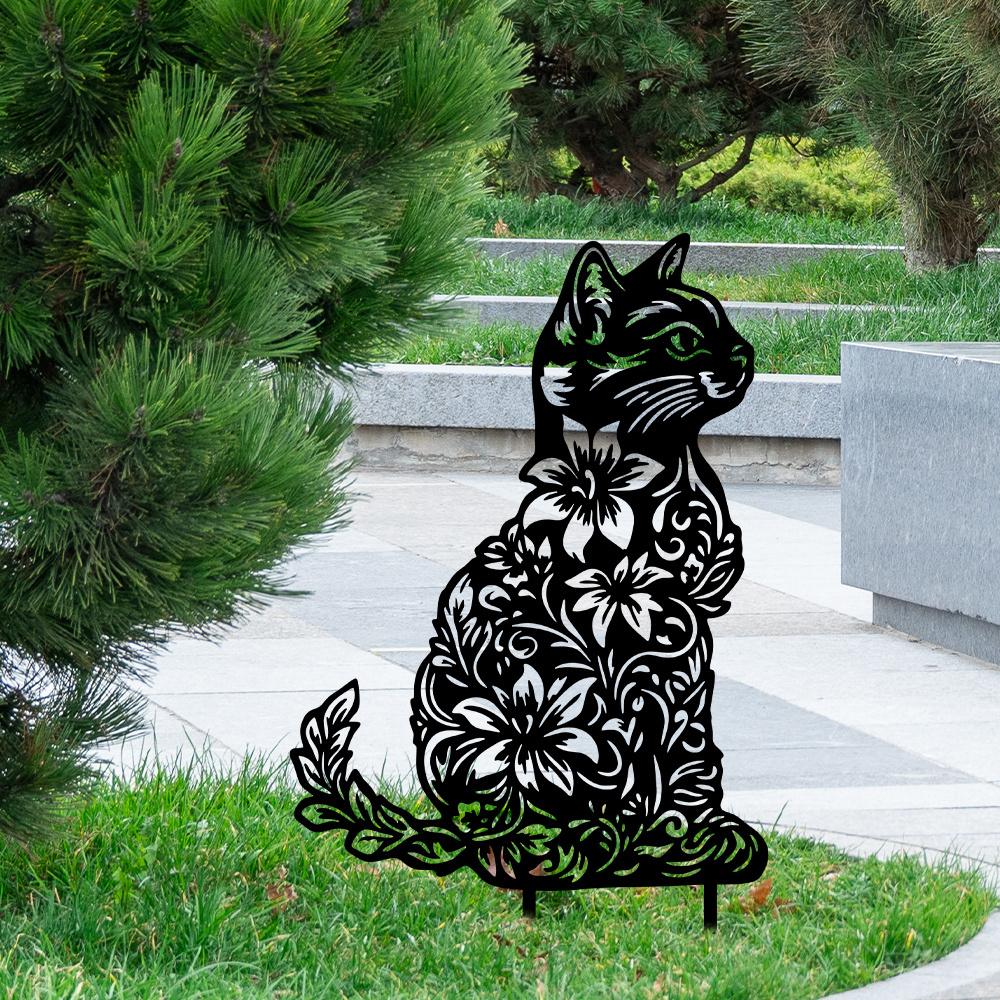 2D Железное Садовое Искусство Металлический Цветок Кошка Колышек Наружное Украшение Патио Газона Рождественский Подарок для Любителей Кошек