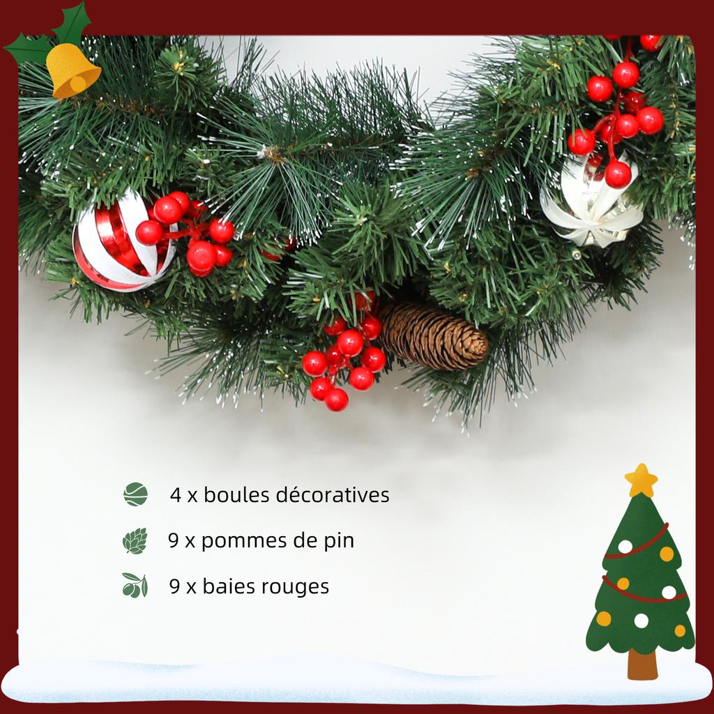 60 cm Illuminated Christmas Wreath with 50 LEDs, timer, 146 tips, pinecones, berries, decorative baubles, green