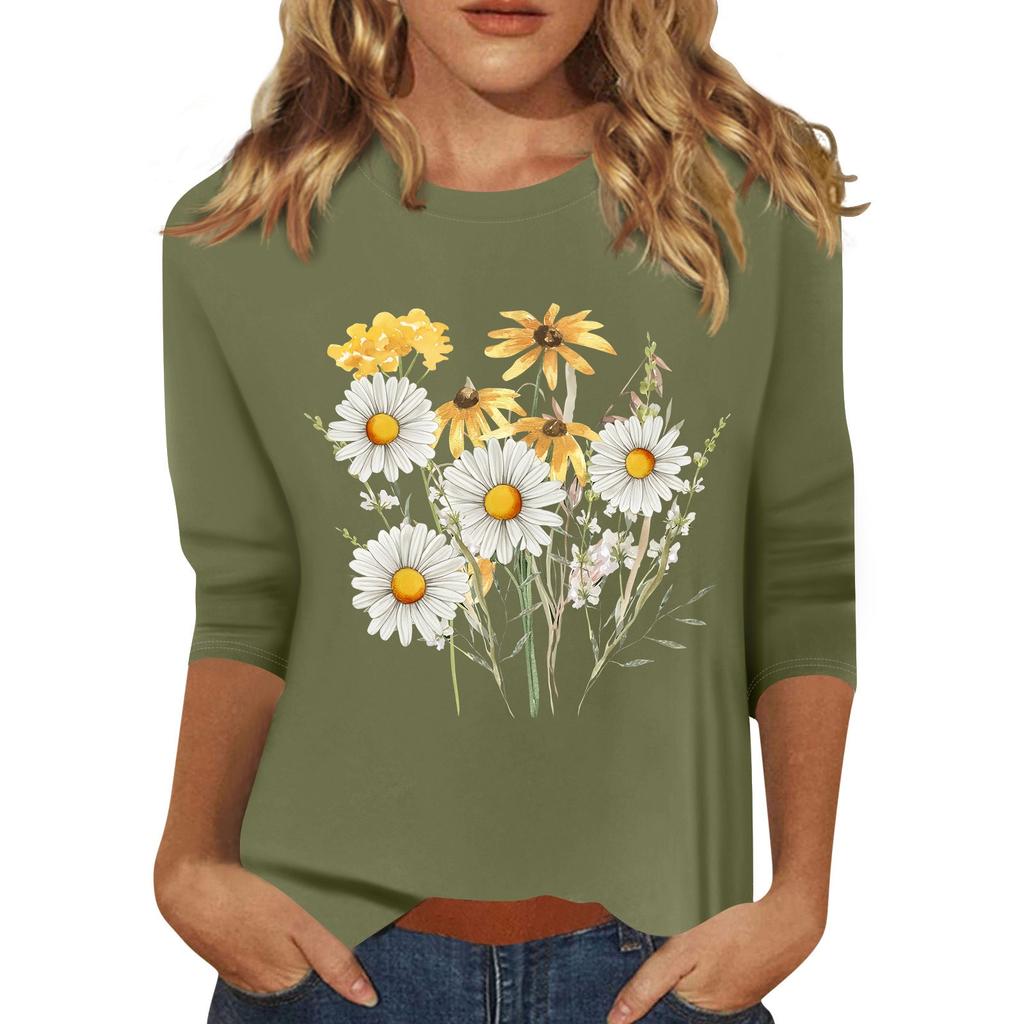 Women's Fashion Casual Printed Seven Sleeve Round Neck Top