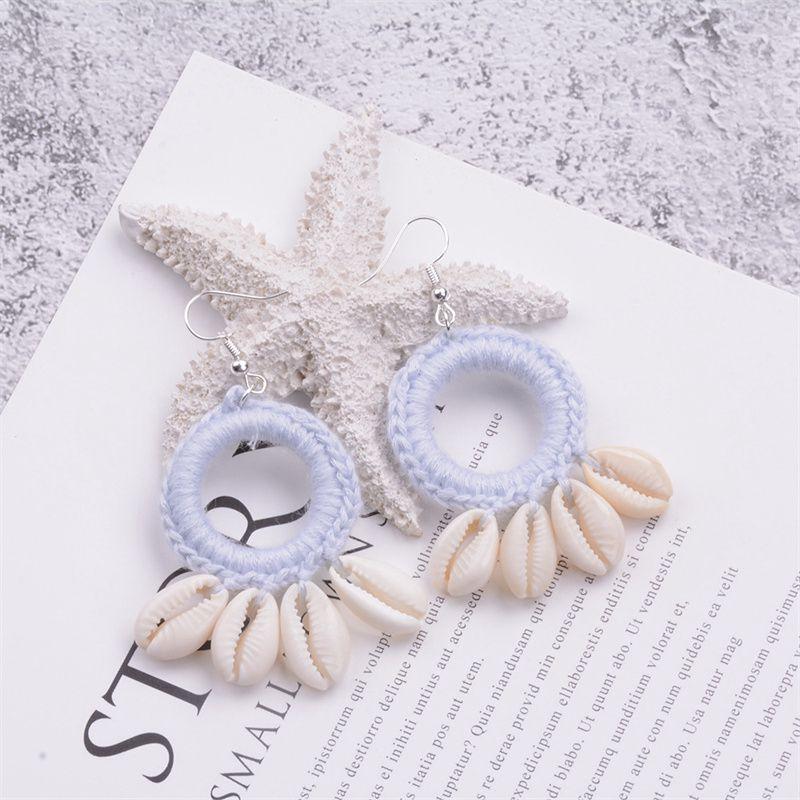 Серьги-ракушки с кисточками, модные пляжные серьги в стиле бохо, оригинальные новые большие круглые висячие серьги, женские вязаные крючком серьги
