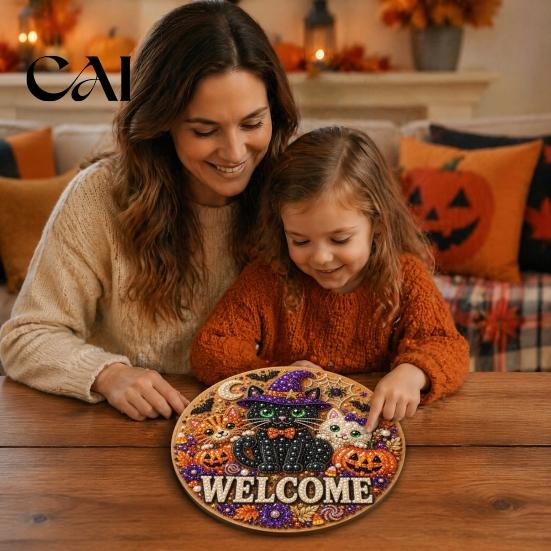 Faux Pearl Painting Arts Halloween Door Sign Kit, Ghost Skull Skeleton Cat Welcome Handmade Decoration Crafts for Wall