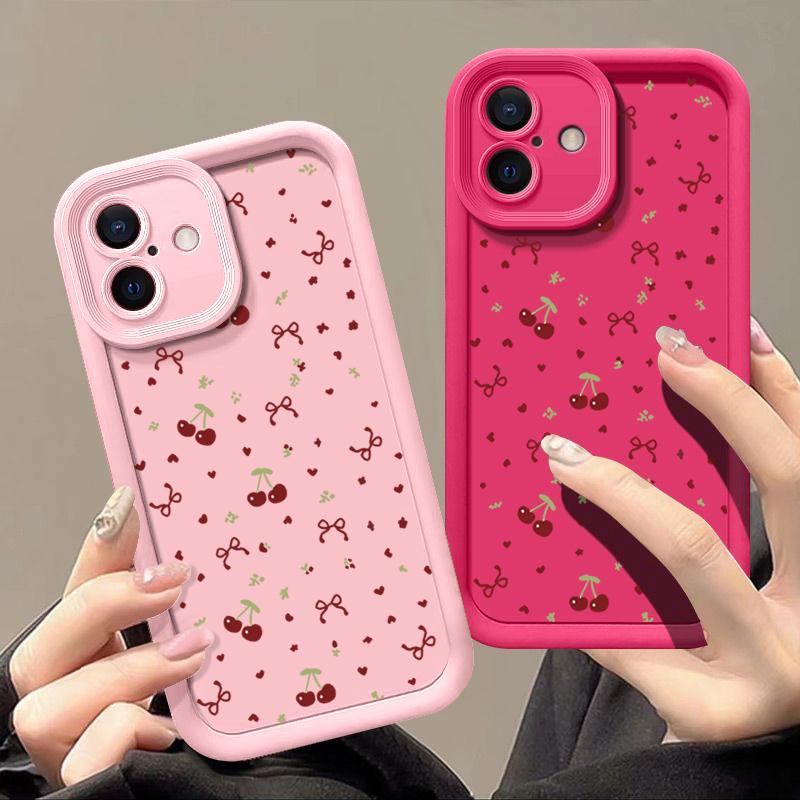 Мягкий матовый чехол из ТПУ с рисунком вишни и бантом для iPhone 16 Pro Max 15 Pro 14 13 12 11 17 Pro Max Ударопрочный бампер с защитой линз