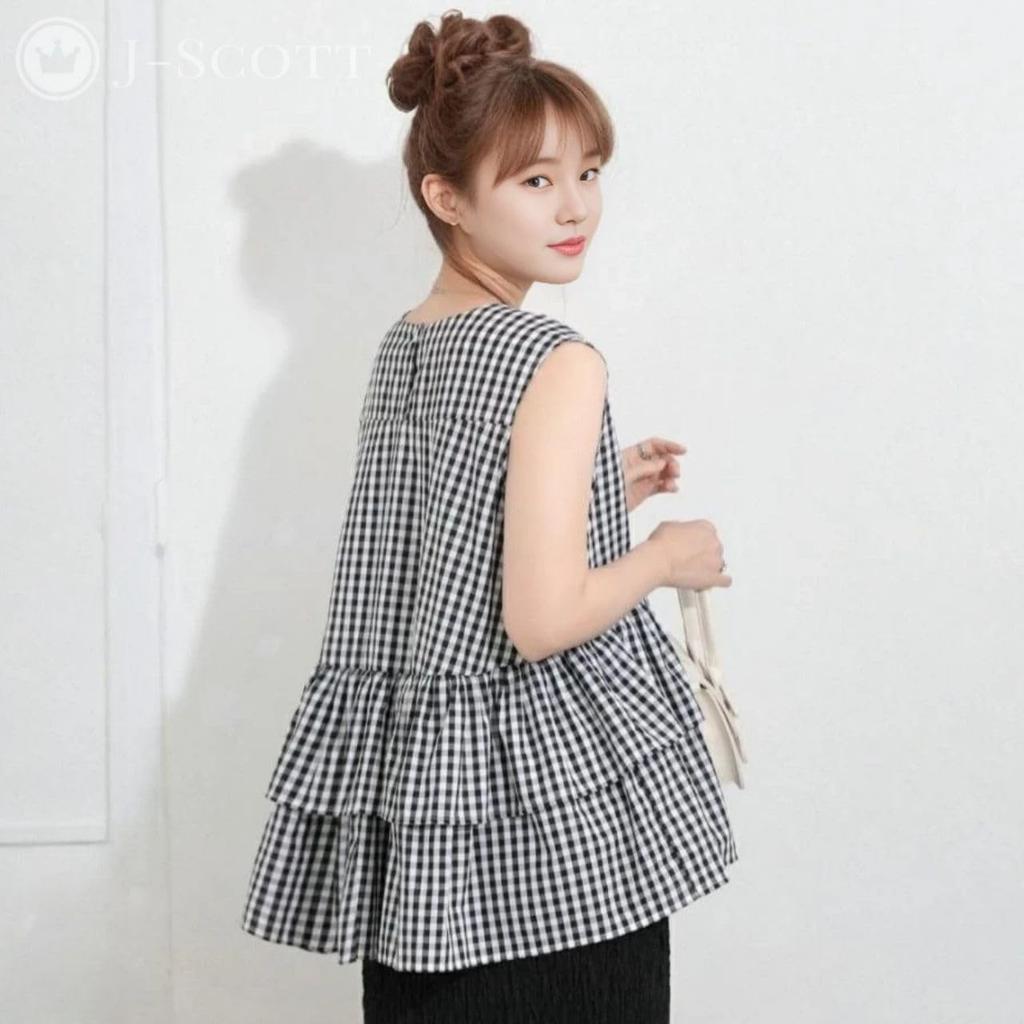 Tiered Ruffled Round Feminine J-Scott Women's Blouse, Sleeveless, Tunic, Neck, Check, JS152-CH-M