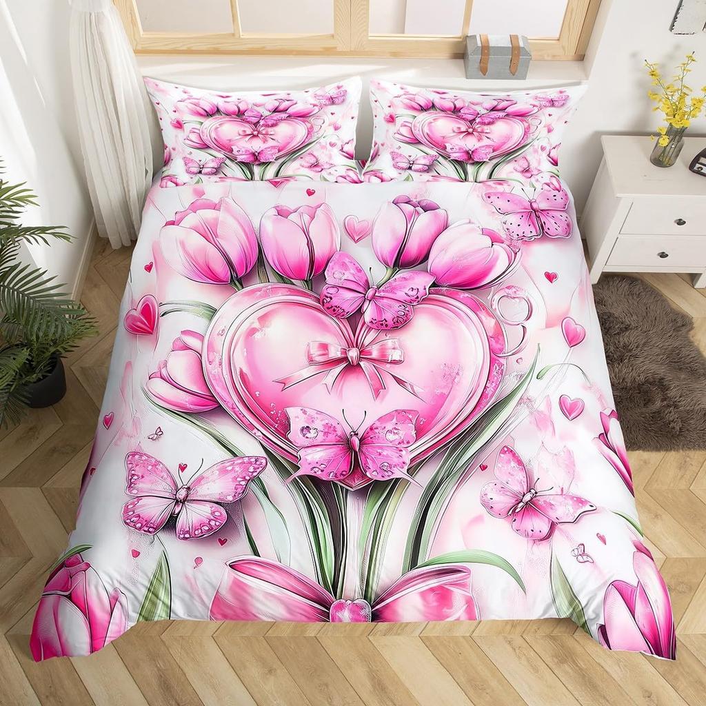 Rose Butterfly Duvet Cover Queen King Size Butterfly Valentine'S Day Quilt Cover Bedding 3 Pcs Rose Flower Quilt Cover 3 Pcs