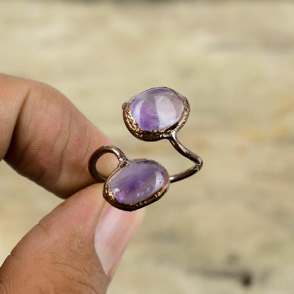 Кольцо с африканским аметистом, медное кольцо, изготовленное методом гальванопластики, регулируемые кольца, ювелирные изделия, изготовленные методом гальванопластики, кольца с драгоценными камнями ручной работы, медные украшения, подарок для него