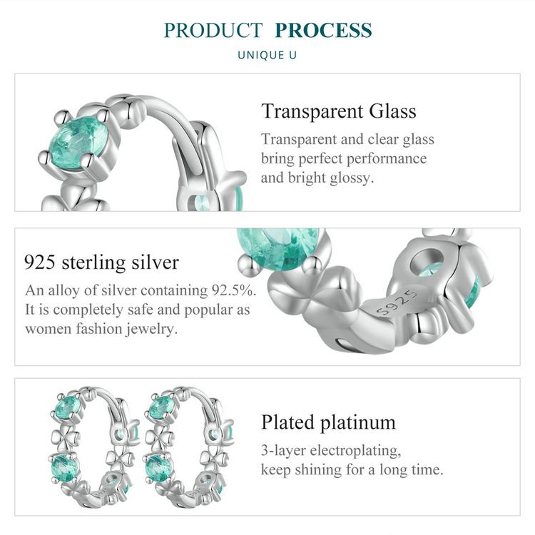 BAMOER стерлингового серебра 925 пробы, зеленое стекло, четырехлистный клевер, зажимы для ушей, серьги-кольца для женщин, ювелирные изделия, счастливый подарок