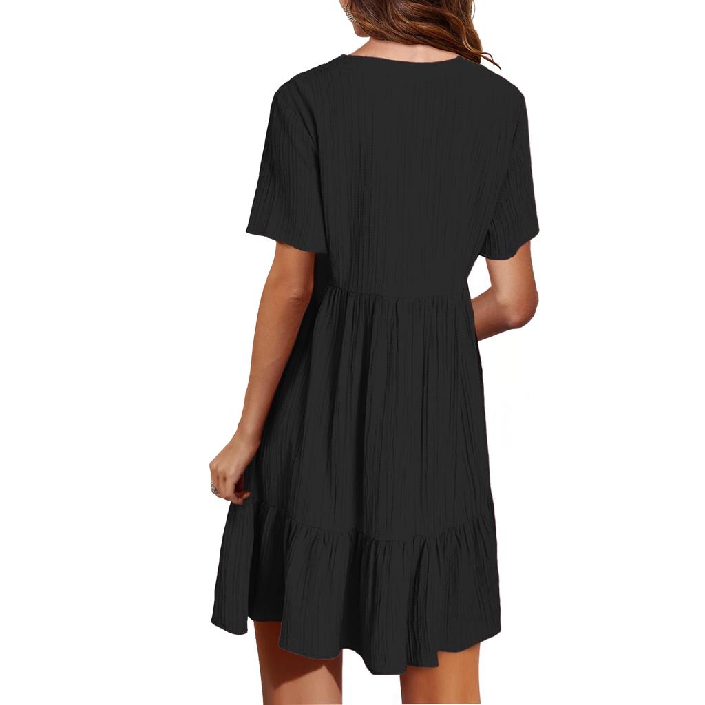 Ladies Casual Sexy Solid Color V-neck Loose Patchwork Short Sleeve Dress