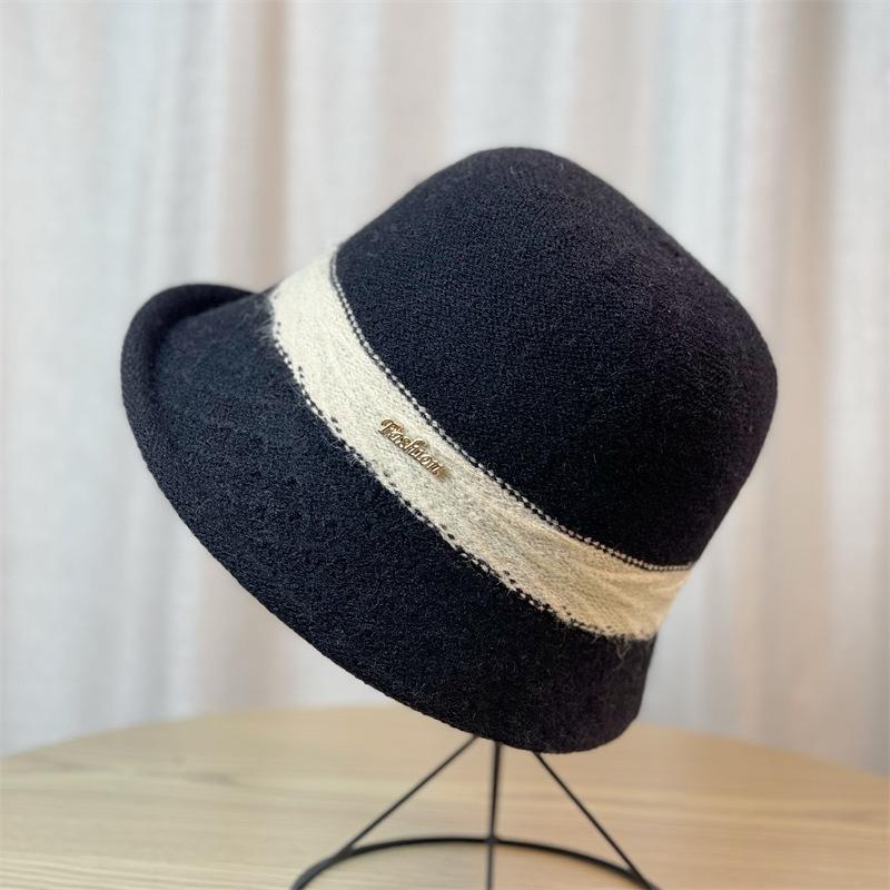 Fashionable bucket hat, Korean-style wool fisherman hat for women, Japanese-style artistic knitted bucket hat, versatile autumn and winter hat with