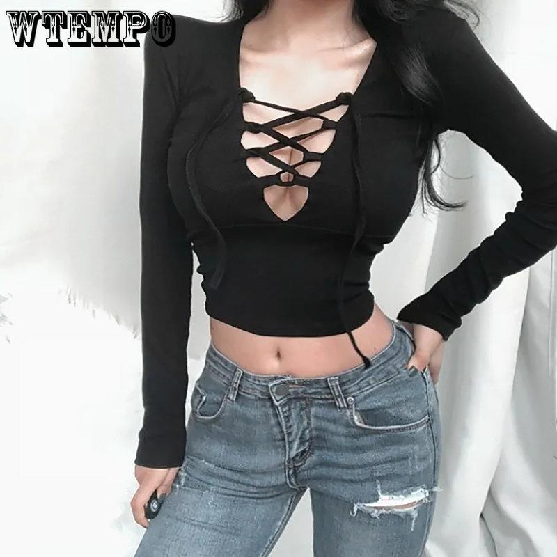Women V-neck Bandage Hollow Out Slim Tops Long Sleeve Solid Short T-Shirts Spring Summer Bottoming Shirts Streetwear