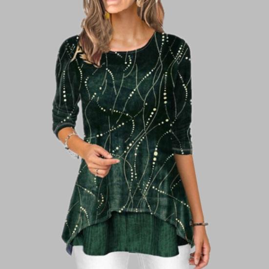 Большие размеры Модная женская рубашка с цифровым принтом 45355 с круглым вырезом и рукавом