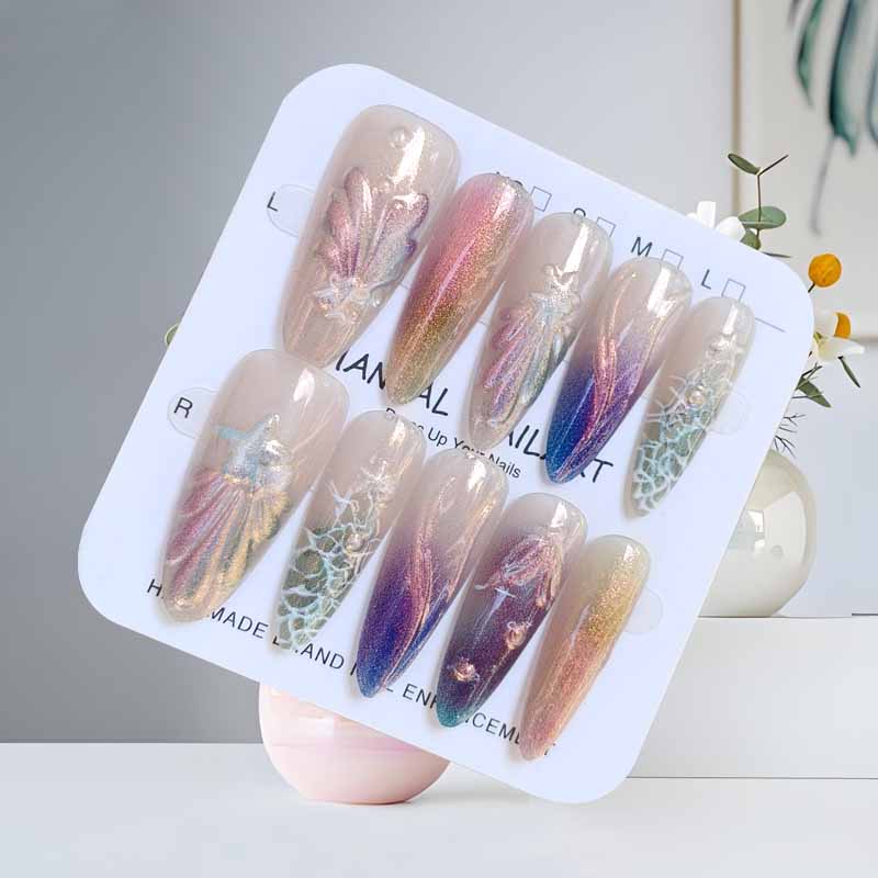 10 Pcs French Pink Silver Gradient Long Almond Gilded 3D Powder Blush Simple Press On Nails