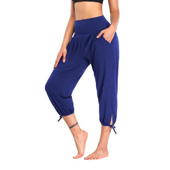Женские укороченные брюки с эластичным поясом, повседневные брюки с карманами, шнуровкой на манжетах, однотонные брюки для бега и велоспорта