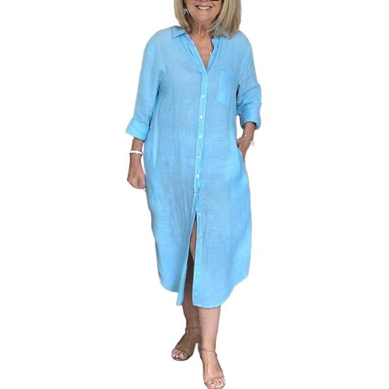 Women's Long Sleeve Button Down Shirt Dress Loose Cotton Linen V Neck Long Dress with Pockets Summer Casual Outfit