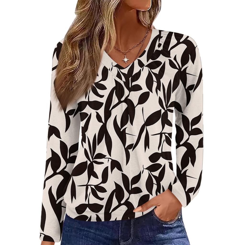 Women's Casual Fashion V-Neck Raglan Pleated Floral Print Long Sleeve Top