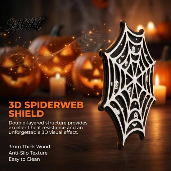 Anti Slip Wood Cup Mats Halloween Spider Web Wooden Coaster, Anti-Slip Mat with Figurine, Retro Home Decor Accessories Thermal Insulated Table